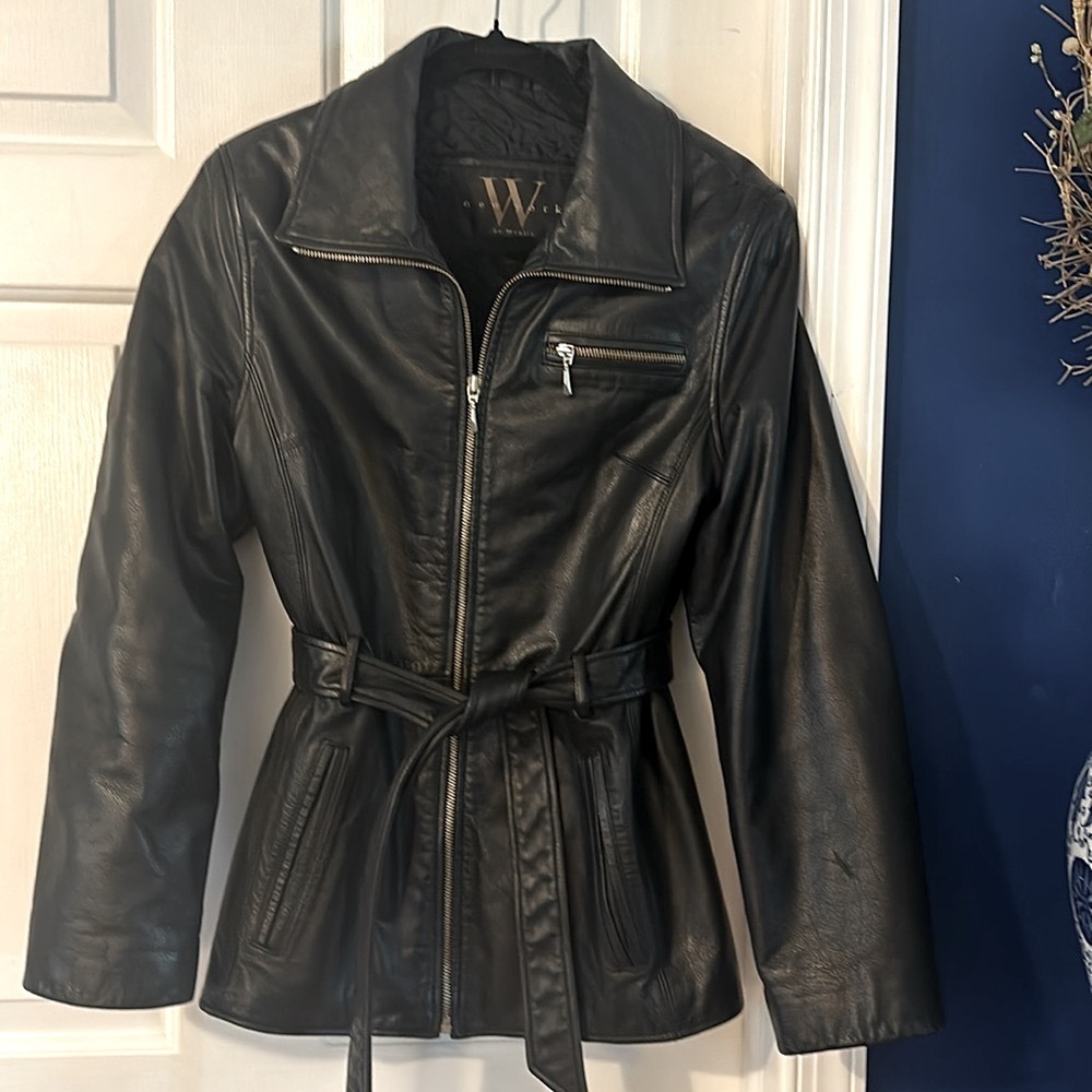 Women’s Winlit New York Black Genuine Leather Belted Jacket Coat Size Small - Picture 2 of 9